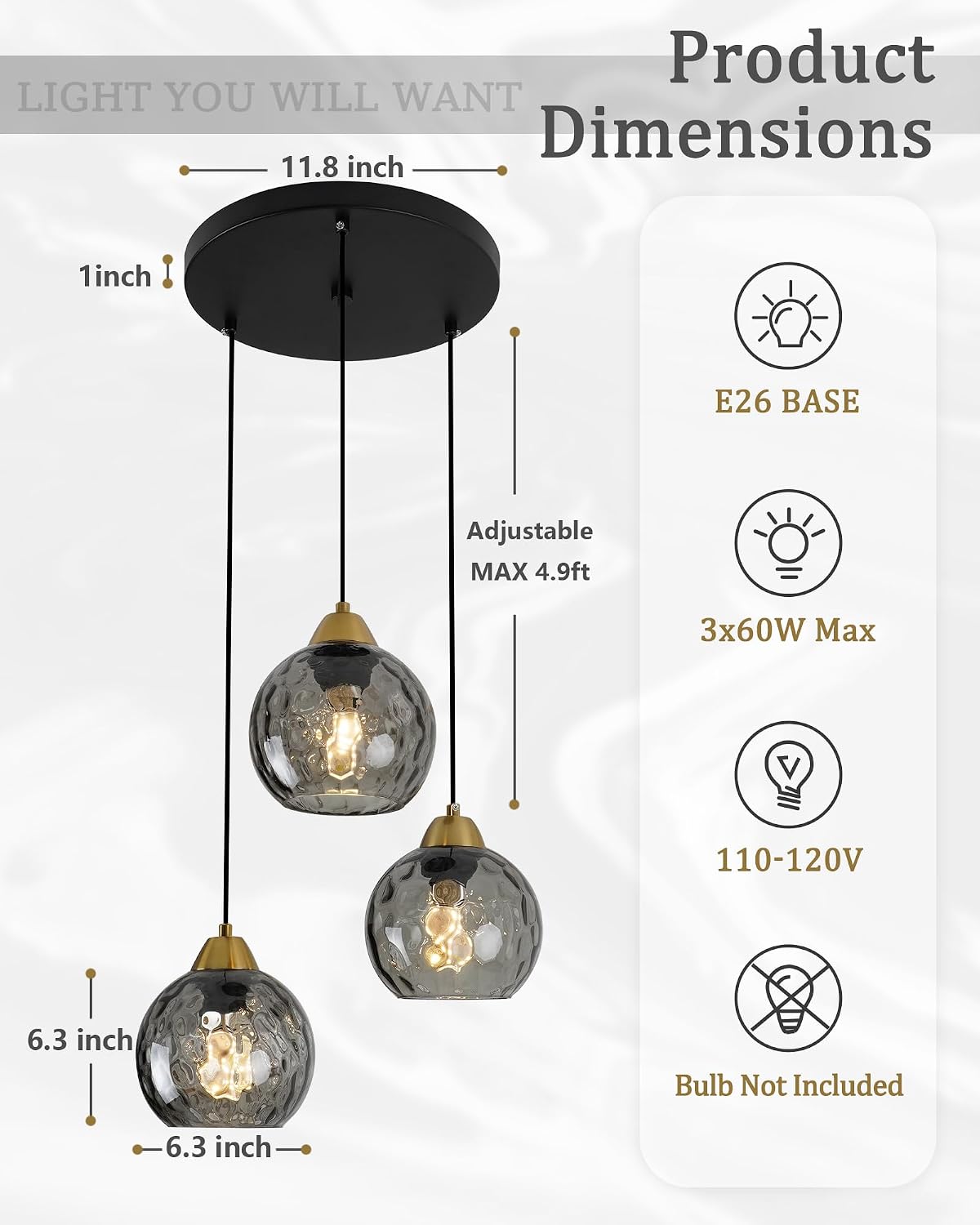 Smoke Glass 3-Light Adjustable Globe Chandelier