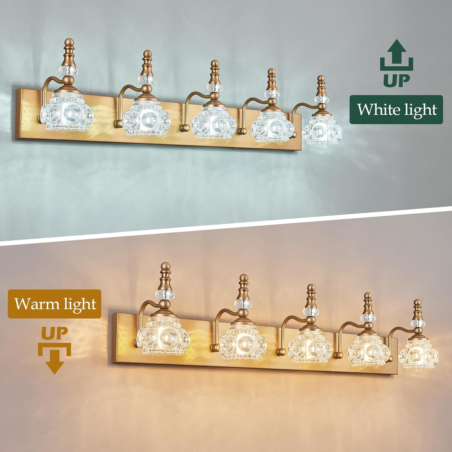 Brass Crystal Glass 5-Light Bathroom Vanity Light