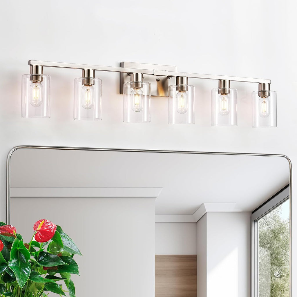 Brushed Nickel Clear Glass 6-Light Bathroom Vanity Light