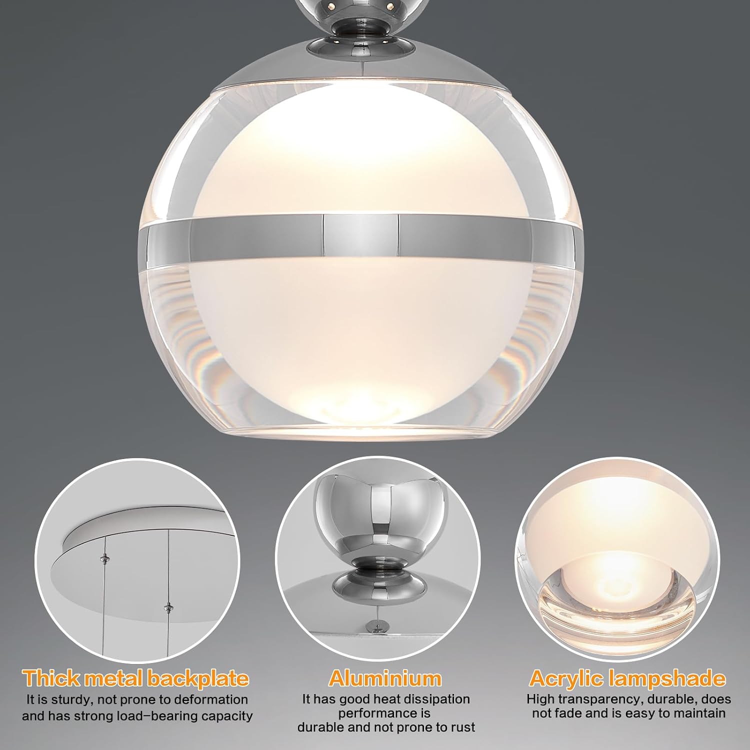 Chrome Acrylic Globe 3-Light Dimmable Pendant