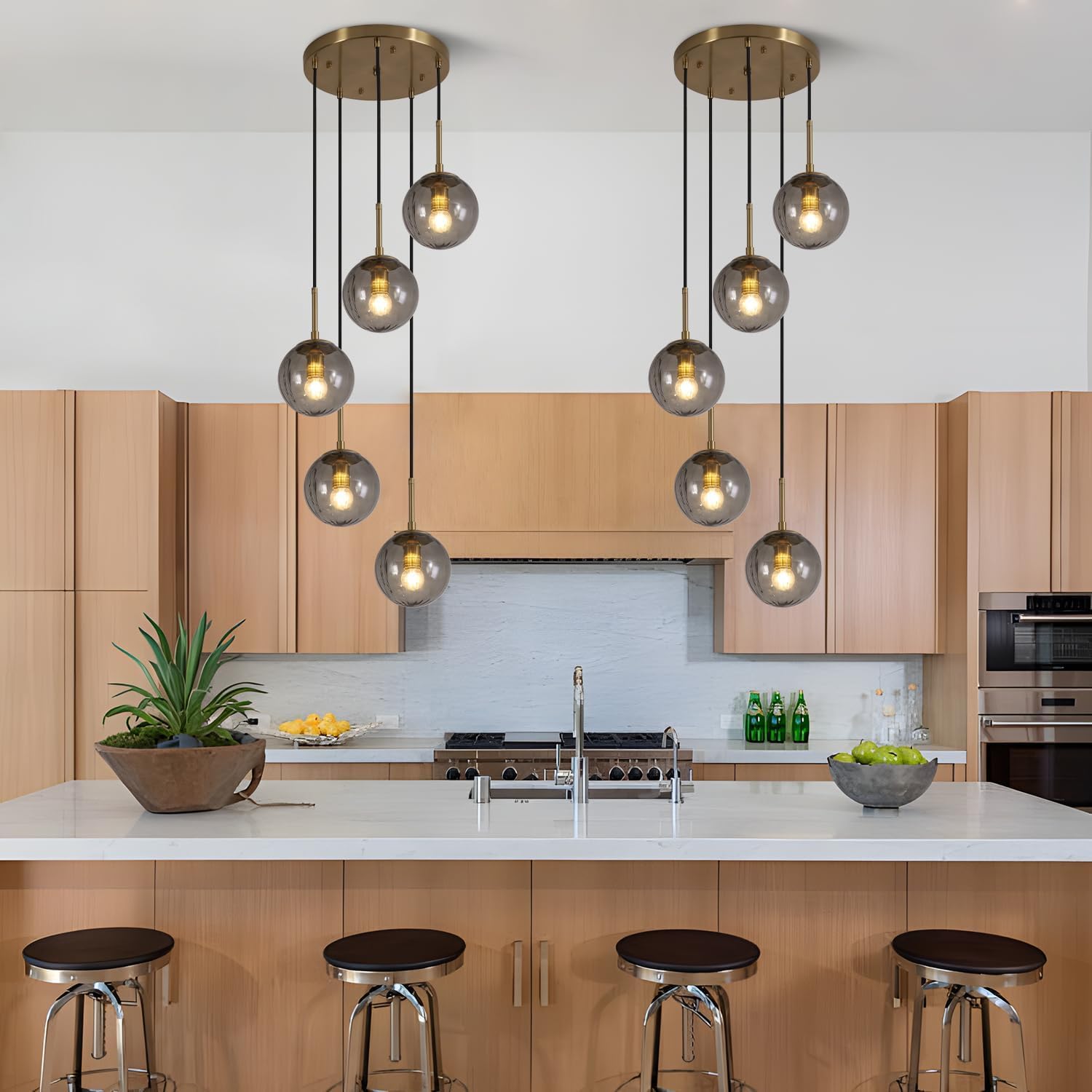 Gold Smoke Glass 5-Light Cluster Pendant Light