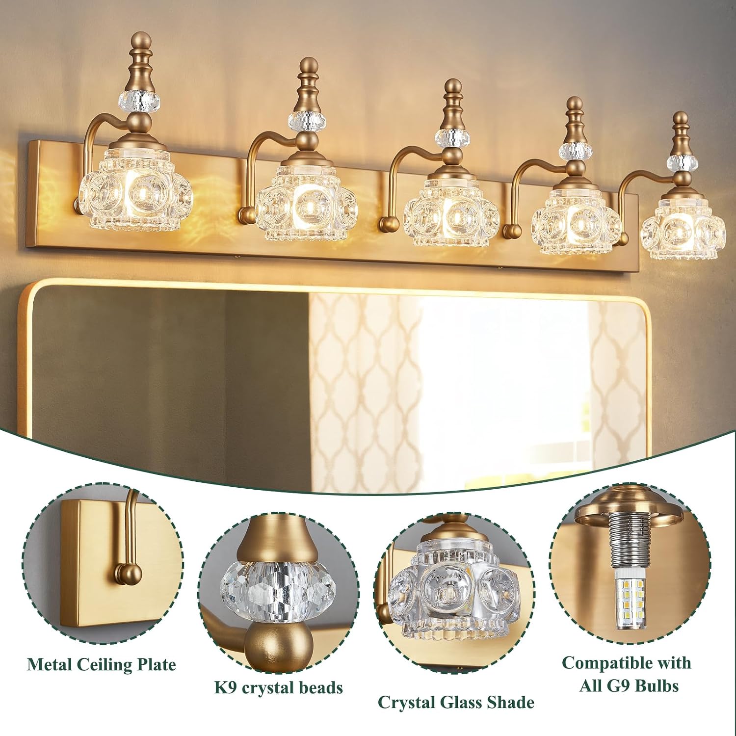 Brass Crystal Glass 5-Light Bathroom Vanity Light