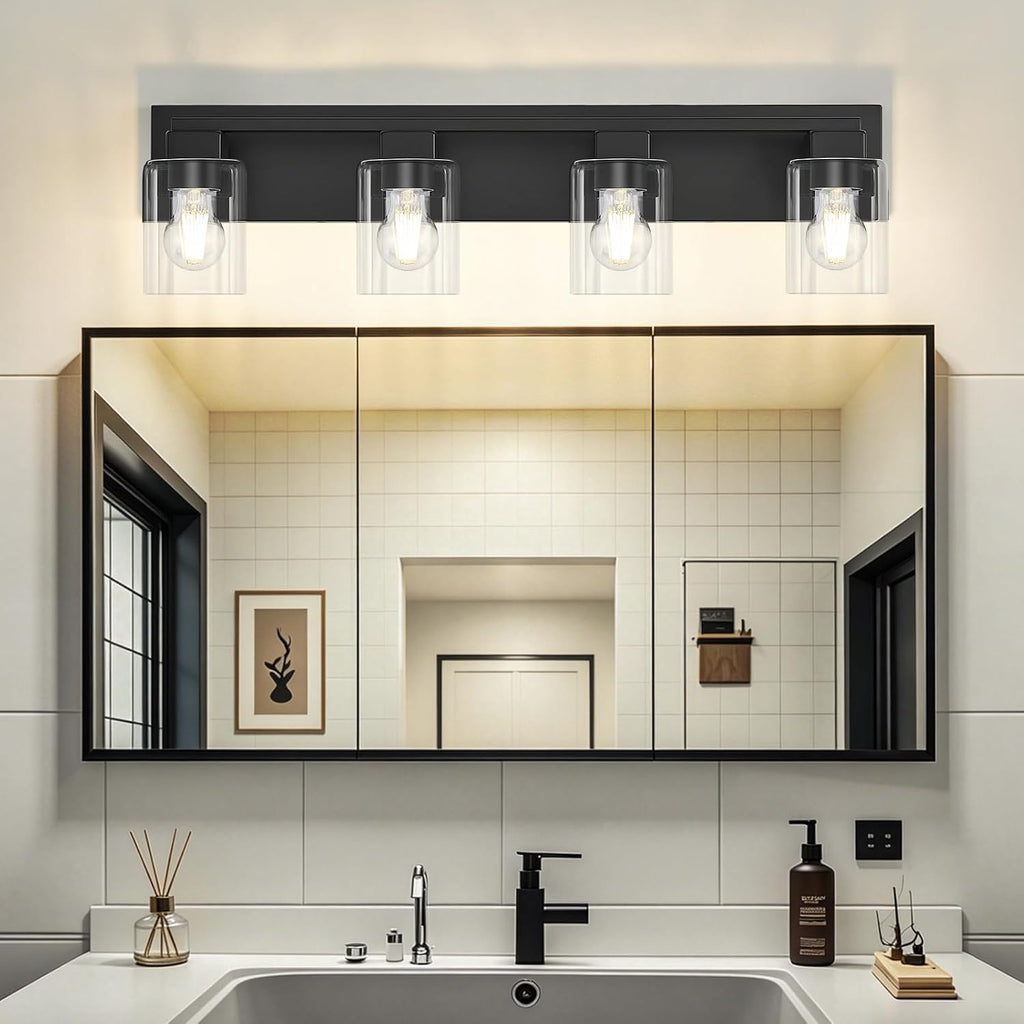 Black Square Glass 4-Light Farmhouse Vanity Light