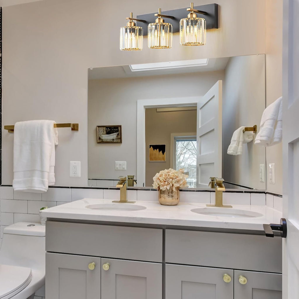 Black Gold Crystal 3-Light Bathroom Vanity Light