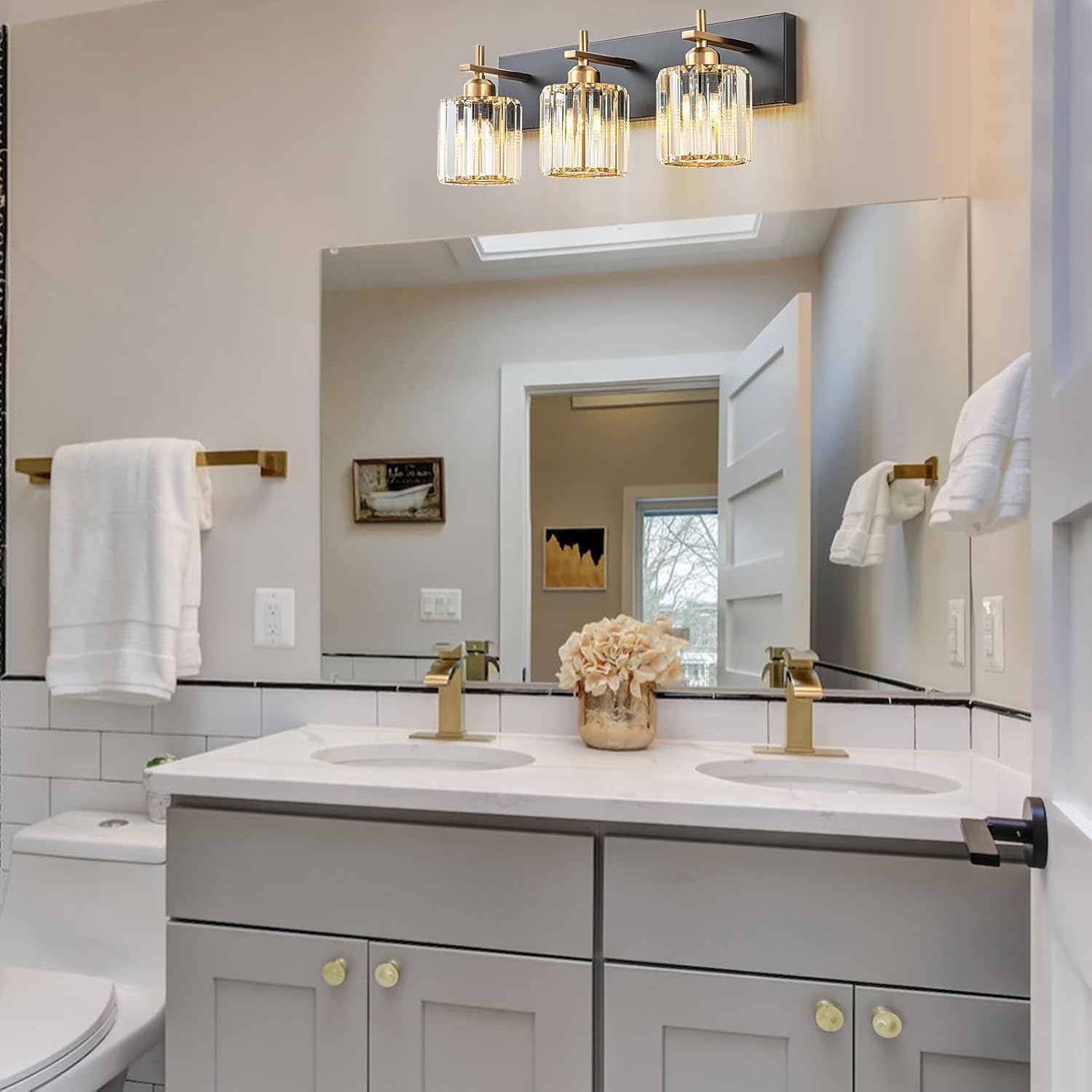 Black Gold Crystal 3-Light Bathroom Vanity Light