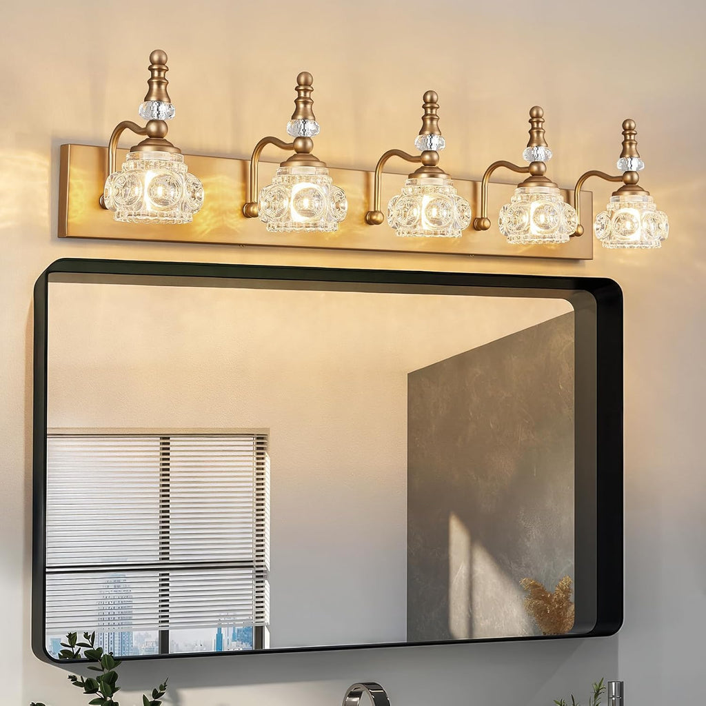 Brass Crystal Glass 5-Light Bathroom Vanity Light