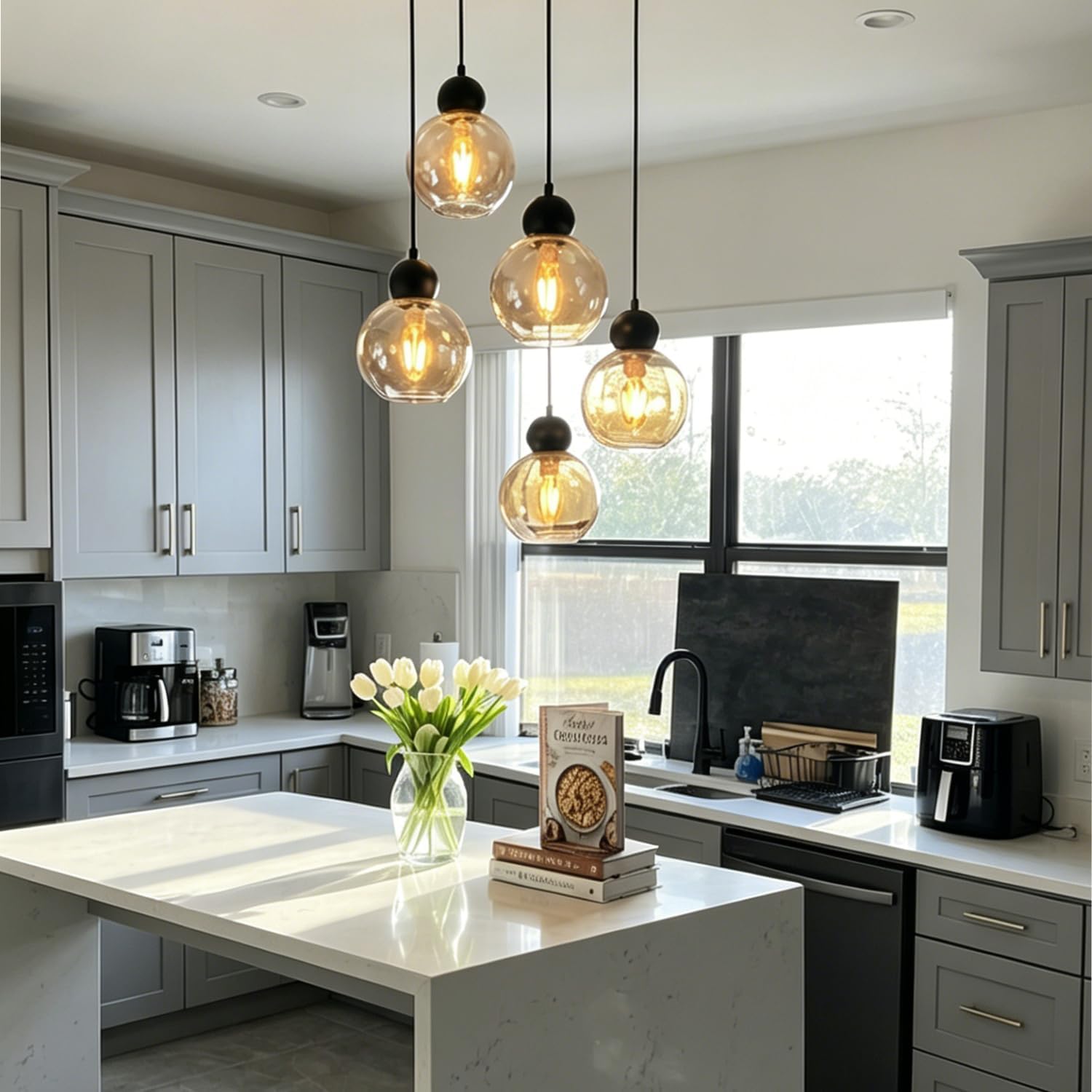 Black Amber Glass 5-Light Cluster Pendant Light