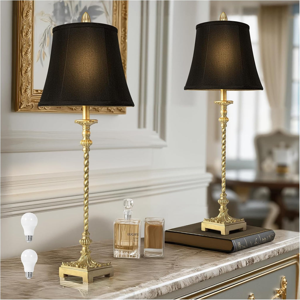 Gold Leaf Black Linen Shade Tall Table Lamps Set
