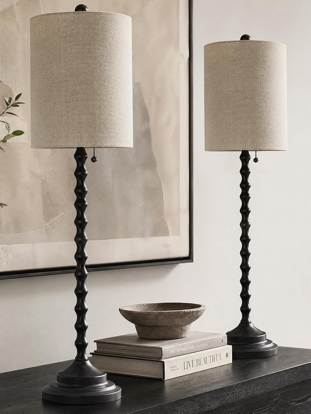 Tall Black Linen Shade Candlestick Buffet Lamps Set