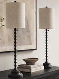Tall Black Linen Shade Candlestick Buffet Lamps Set