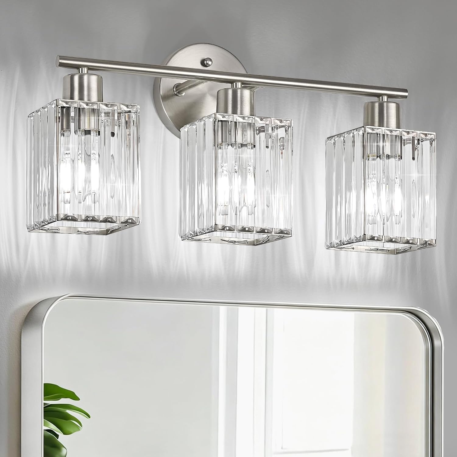 Brushed Nickel Square Crystal 3-Light Vanity Light