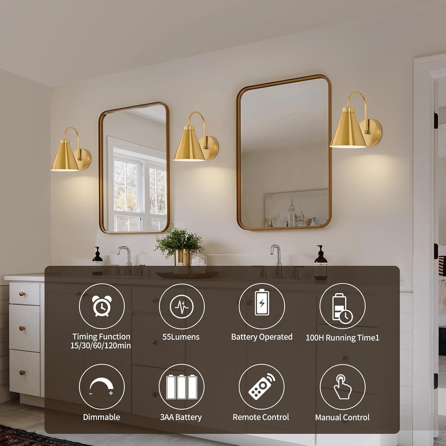 Gold Remote Rechargeable Gooseneck Wall Sconces Set