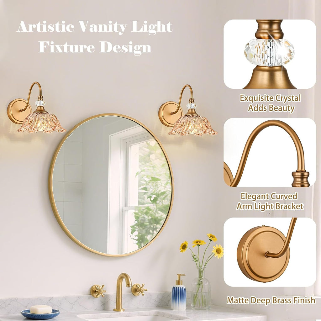 Matte Brass Floral Amber Glass Wall Sconce