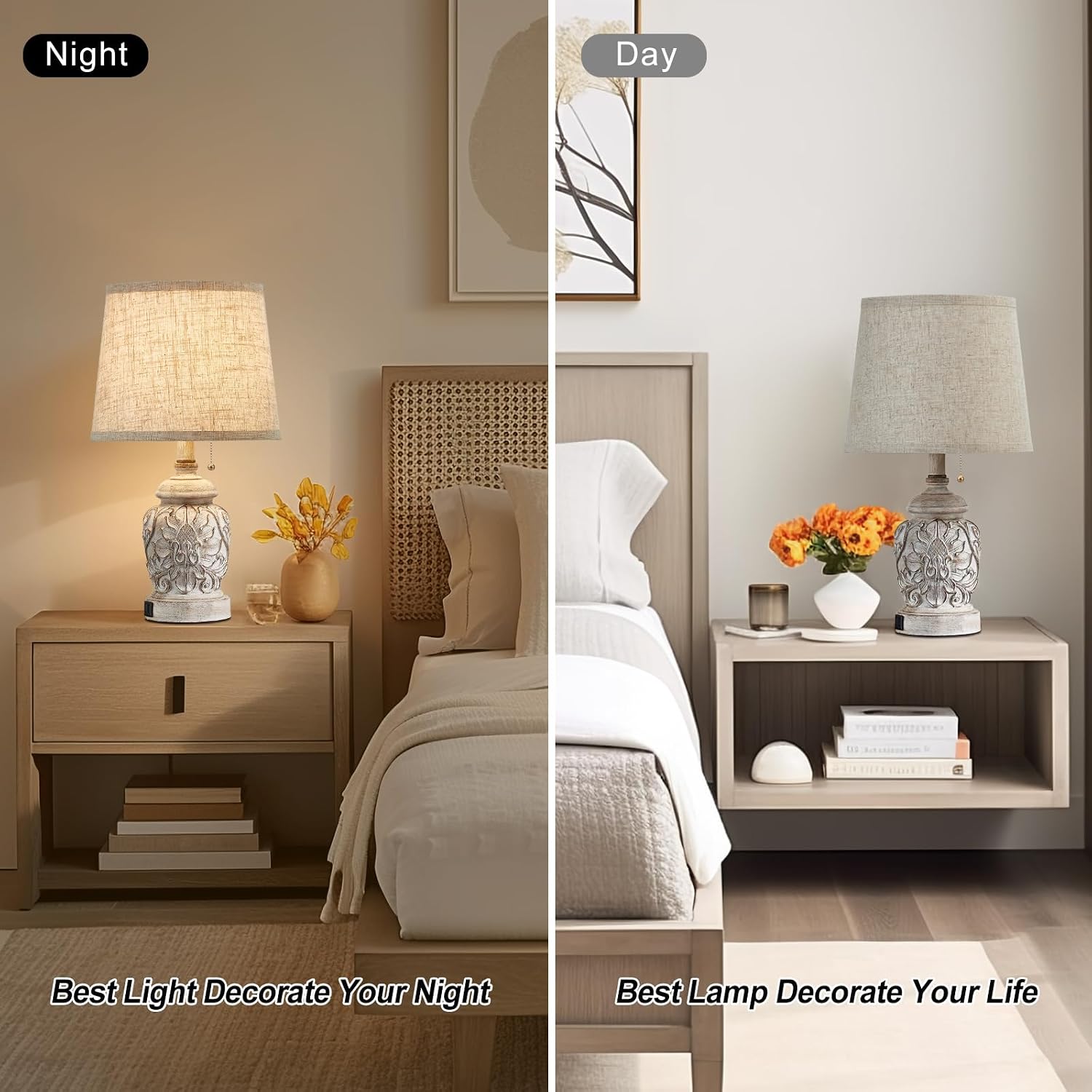 White Floral Carved USB Farmhouse Table Lamps Set