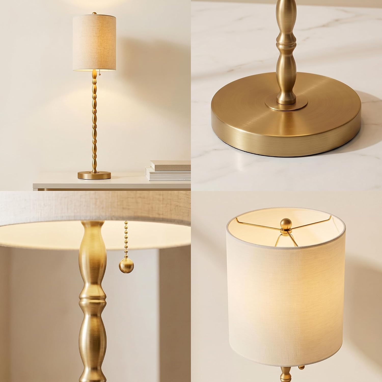 Brass Linen Shade Tall Buffet Lamps Set