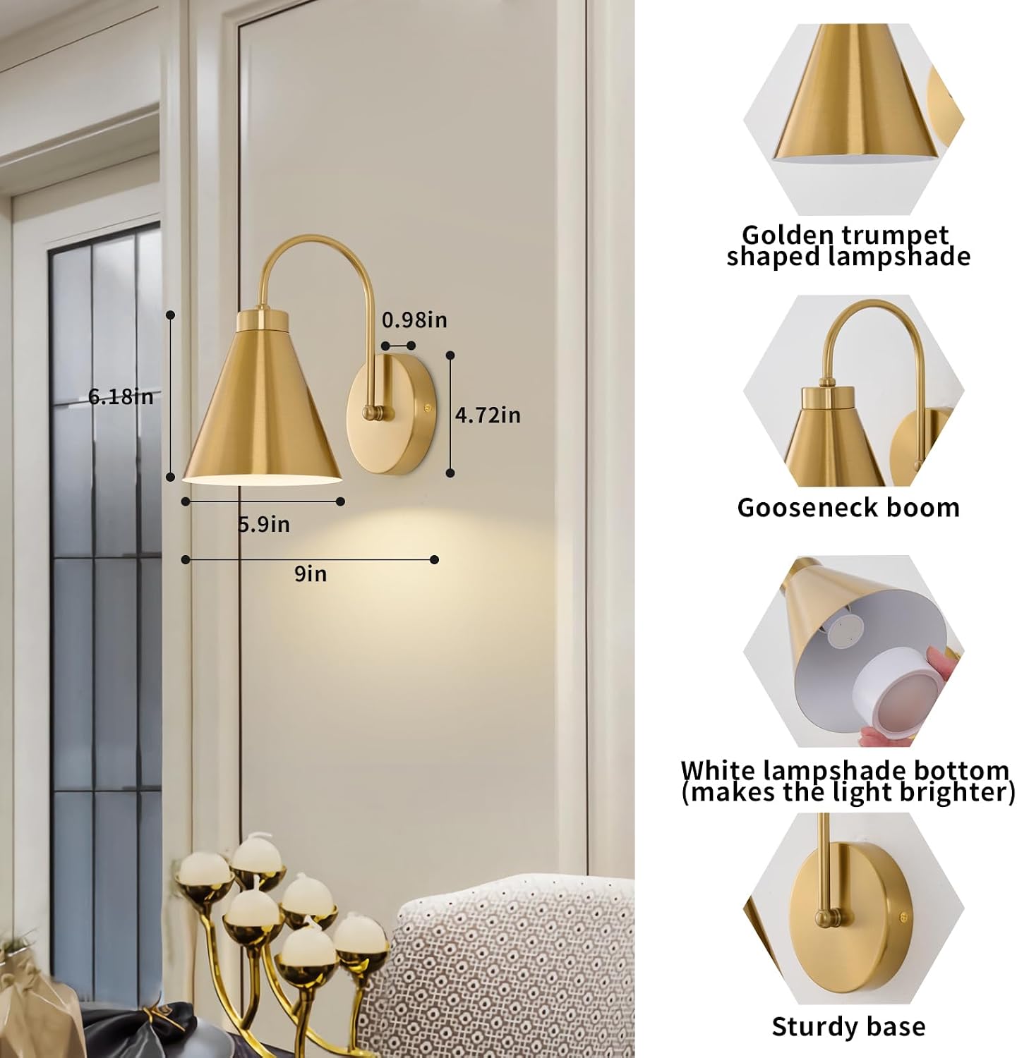 Gold Remote Rechargeable Gooseneck Wall Sconces Set