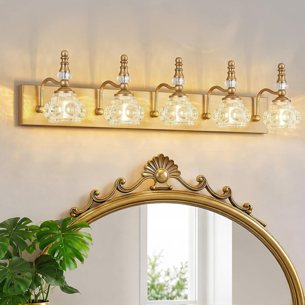 Brass Crystal Glass 5-Light Bathroom Vanity Light