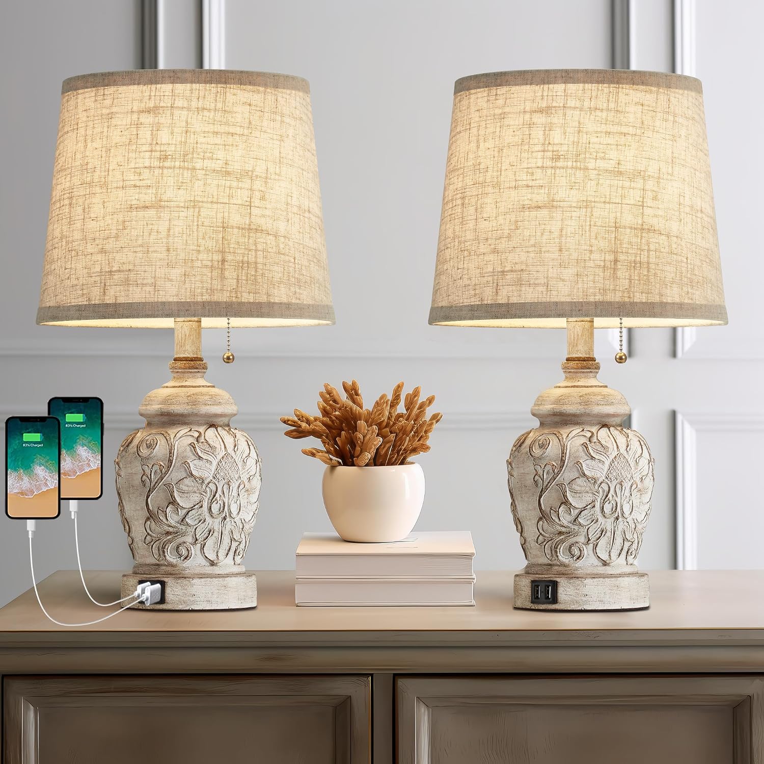 White Floral Carved USB Farmhouse Table Lamps Set