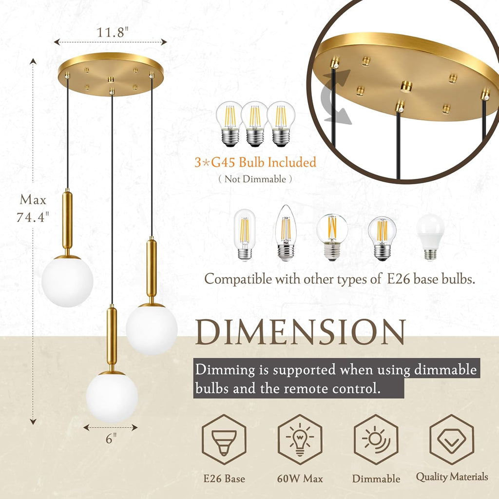 Gold Milky Glass 3-Light Globe Pendant Chandelier