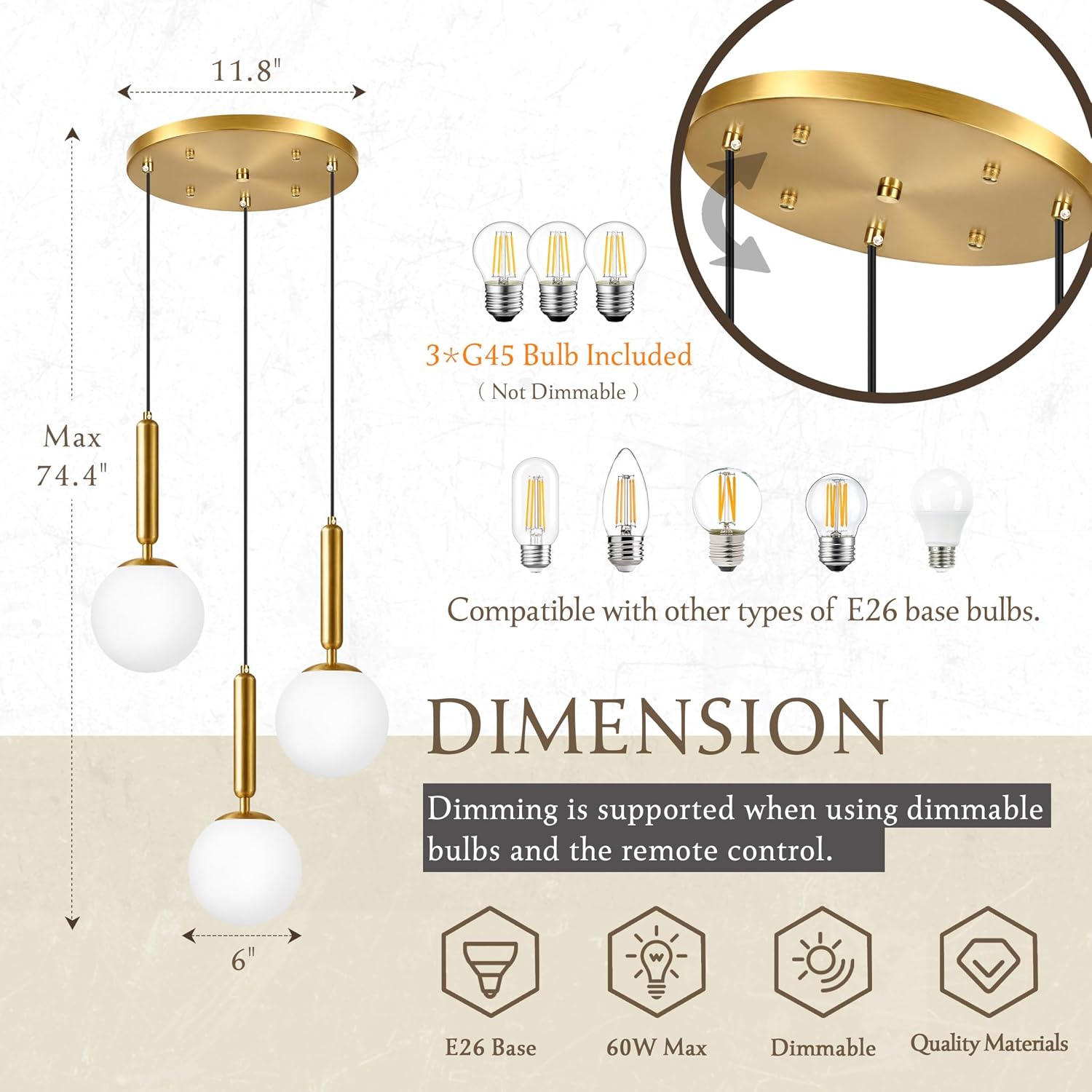 Gold Milky Glass 3-Light Globe Pendant Chandelier