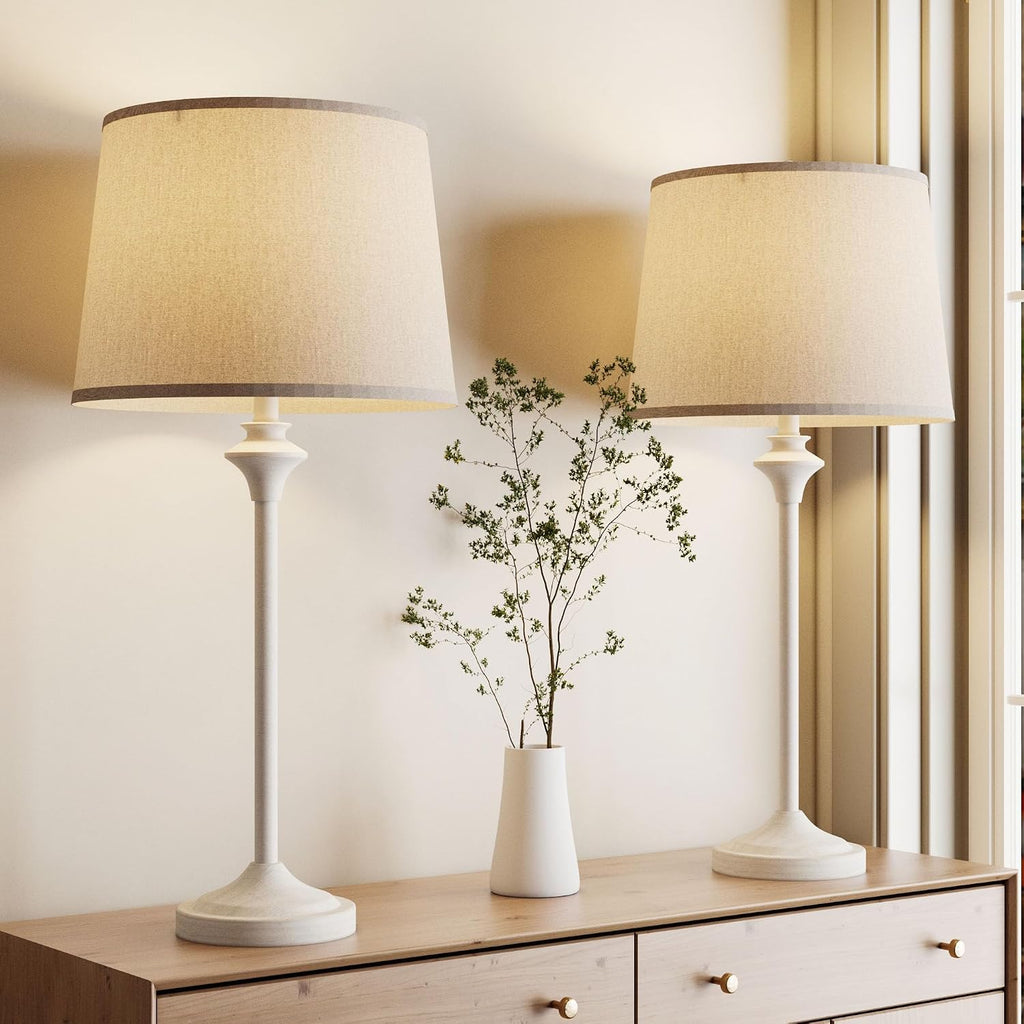 Antique White Metal Oatmeal Shade Table Lamps Set