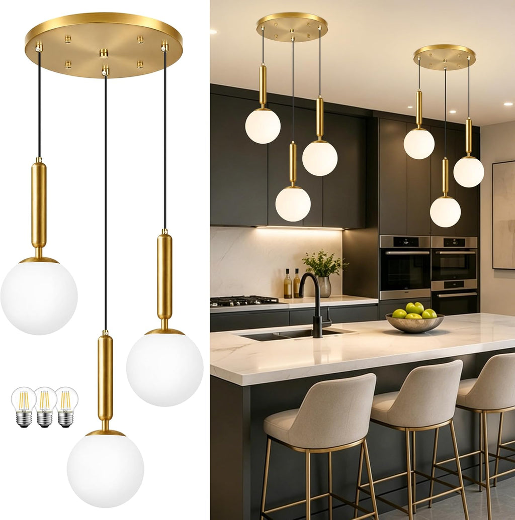Gold Milky Glass 3-Light Globe Pendant Chandelier