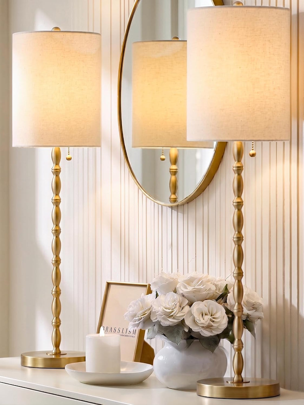 Brass Linen Shade Tall Buffet Lamps Set