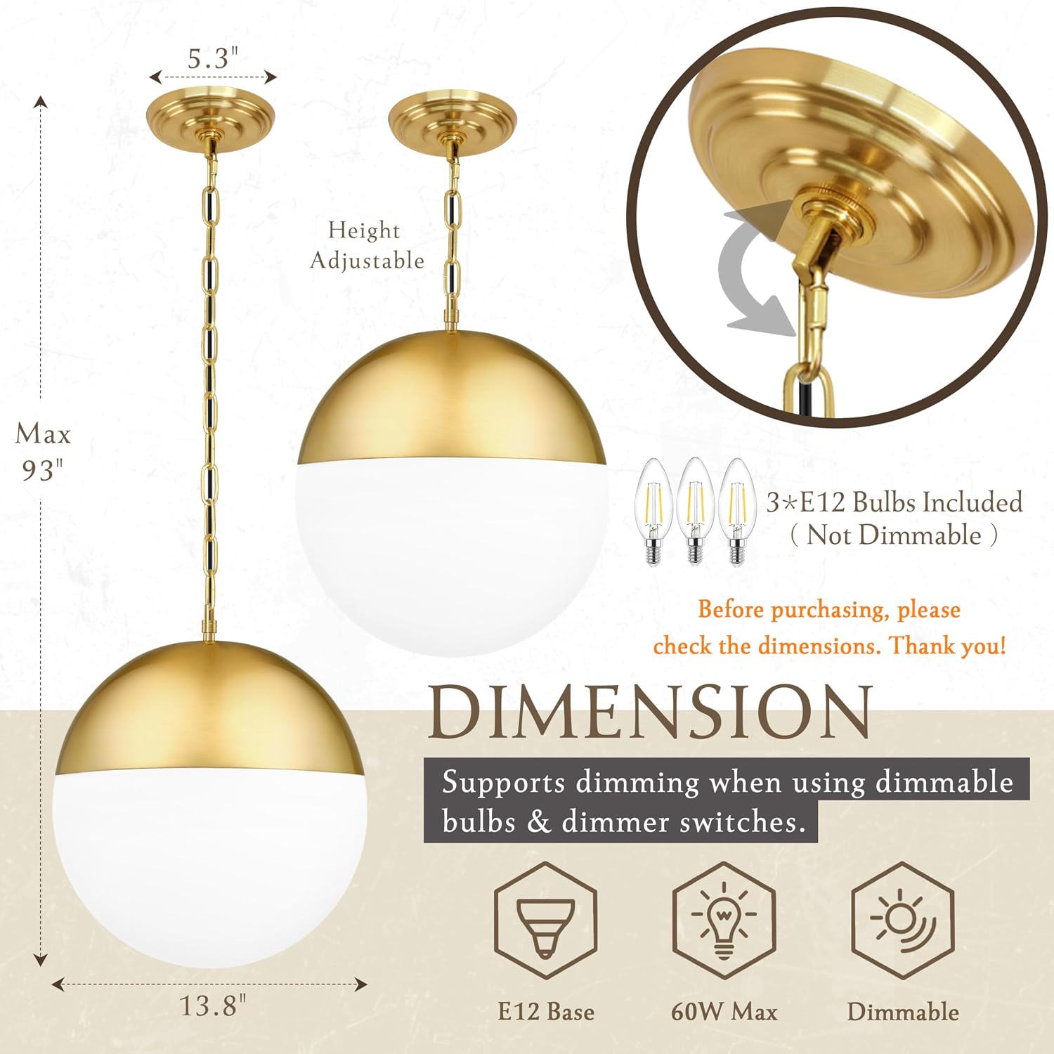 Gold Frosted Globe Adjustable Kitchen Pendant Light