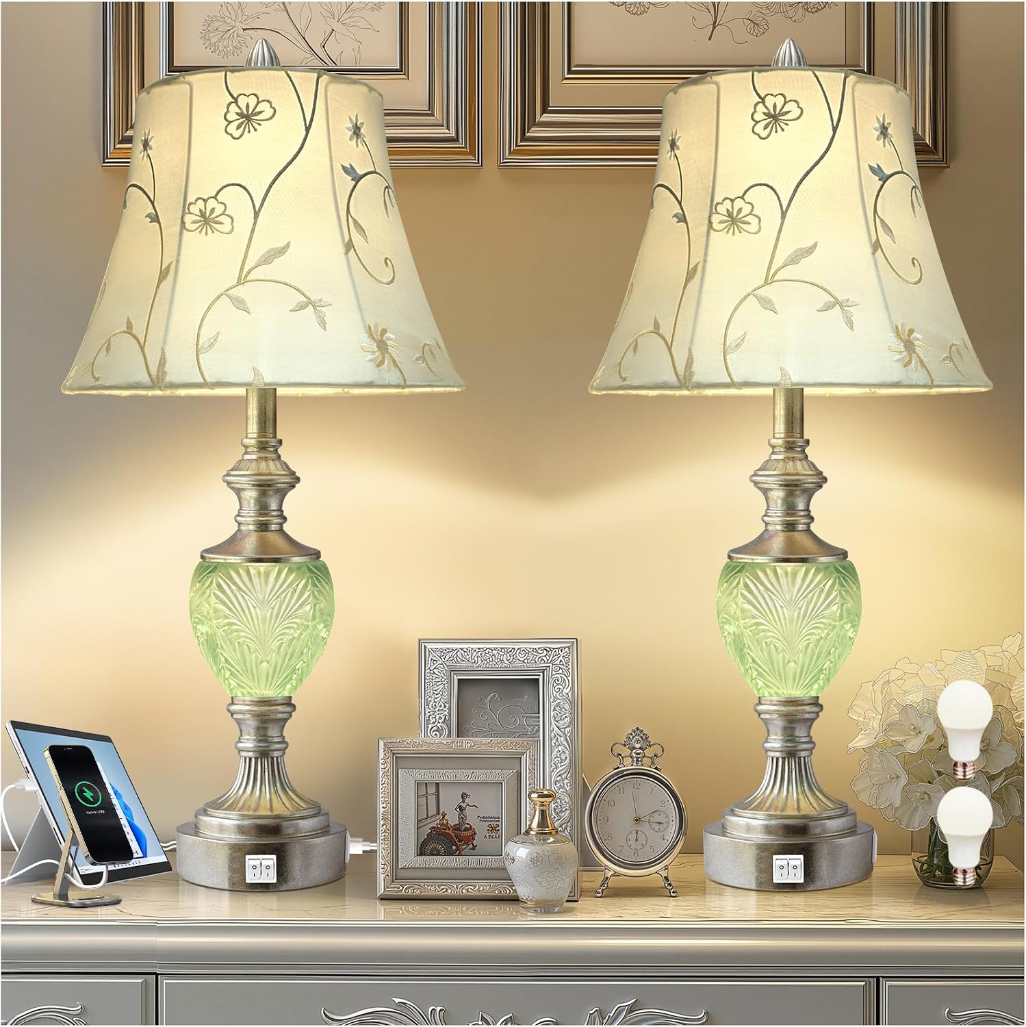 Silver Leaf Embroidered Shade USB Table Lamps Set