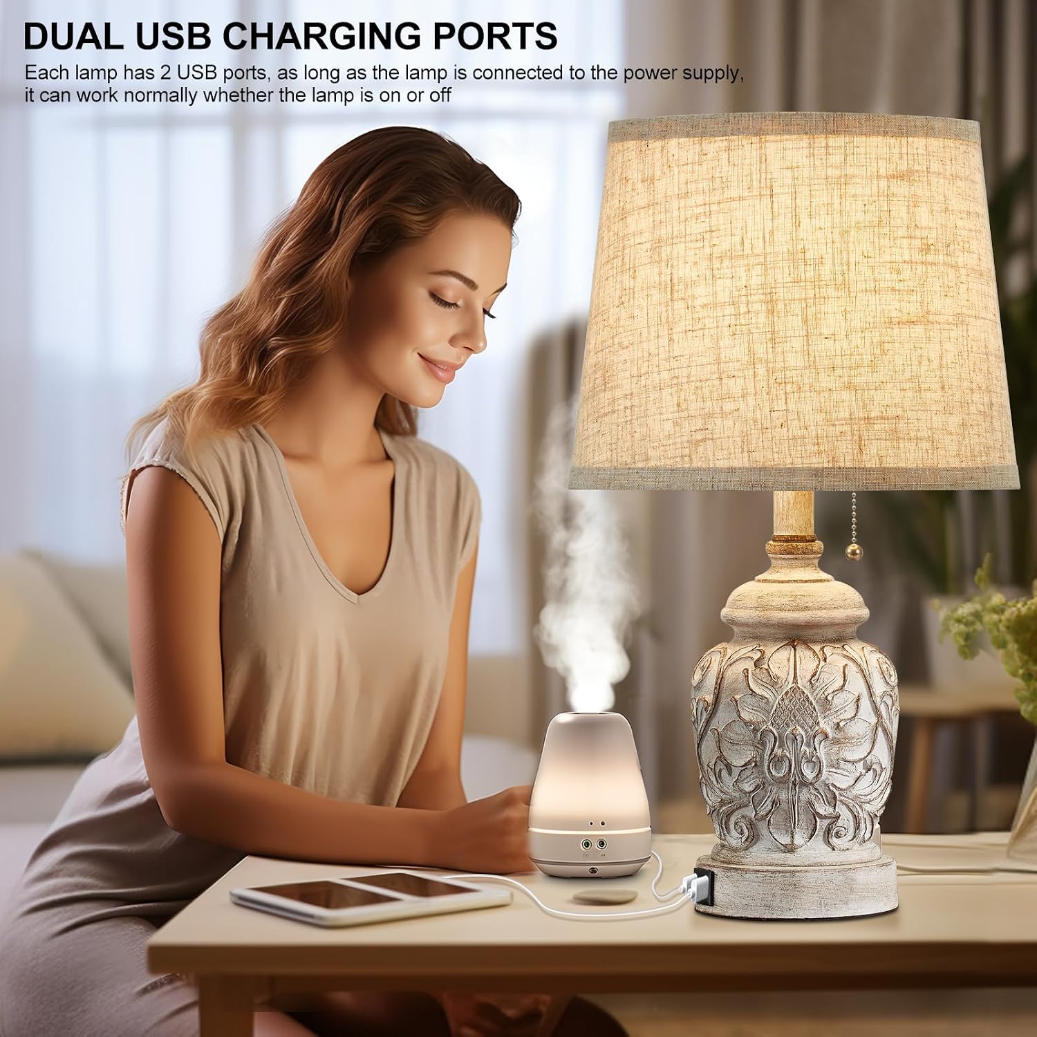 White Floral Carved USB Farmhouse Table Lamps Set
