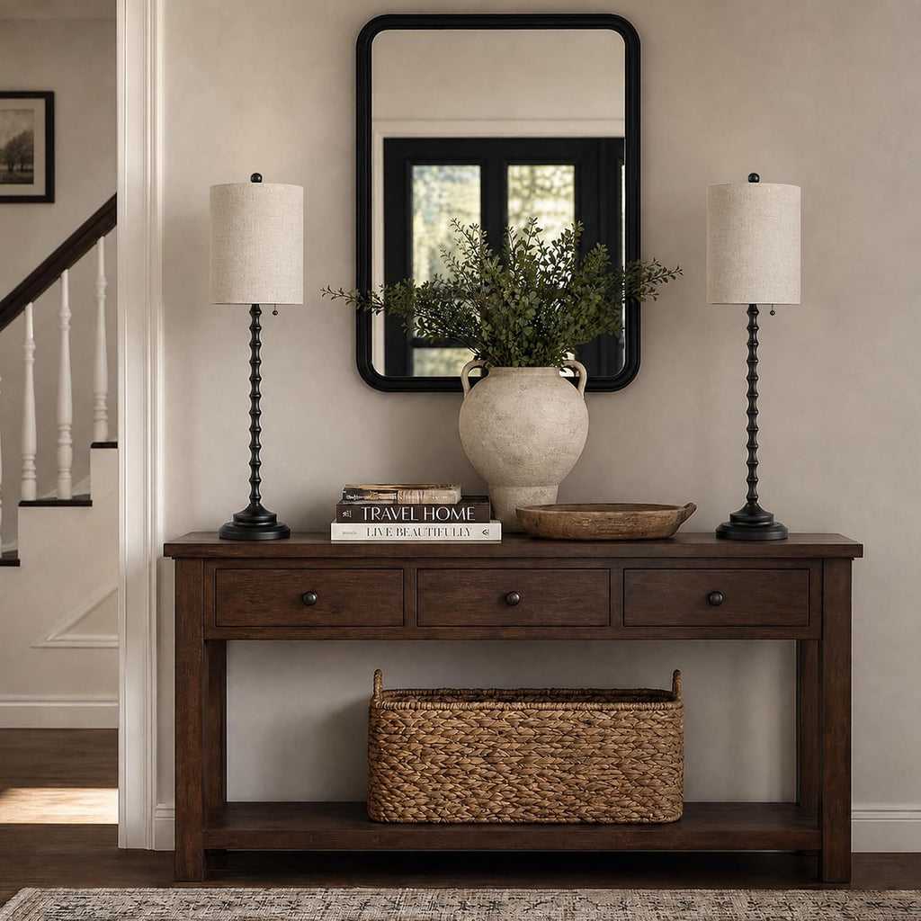 Tall Black Linen Shade Candlestick Buffet Lamps Set