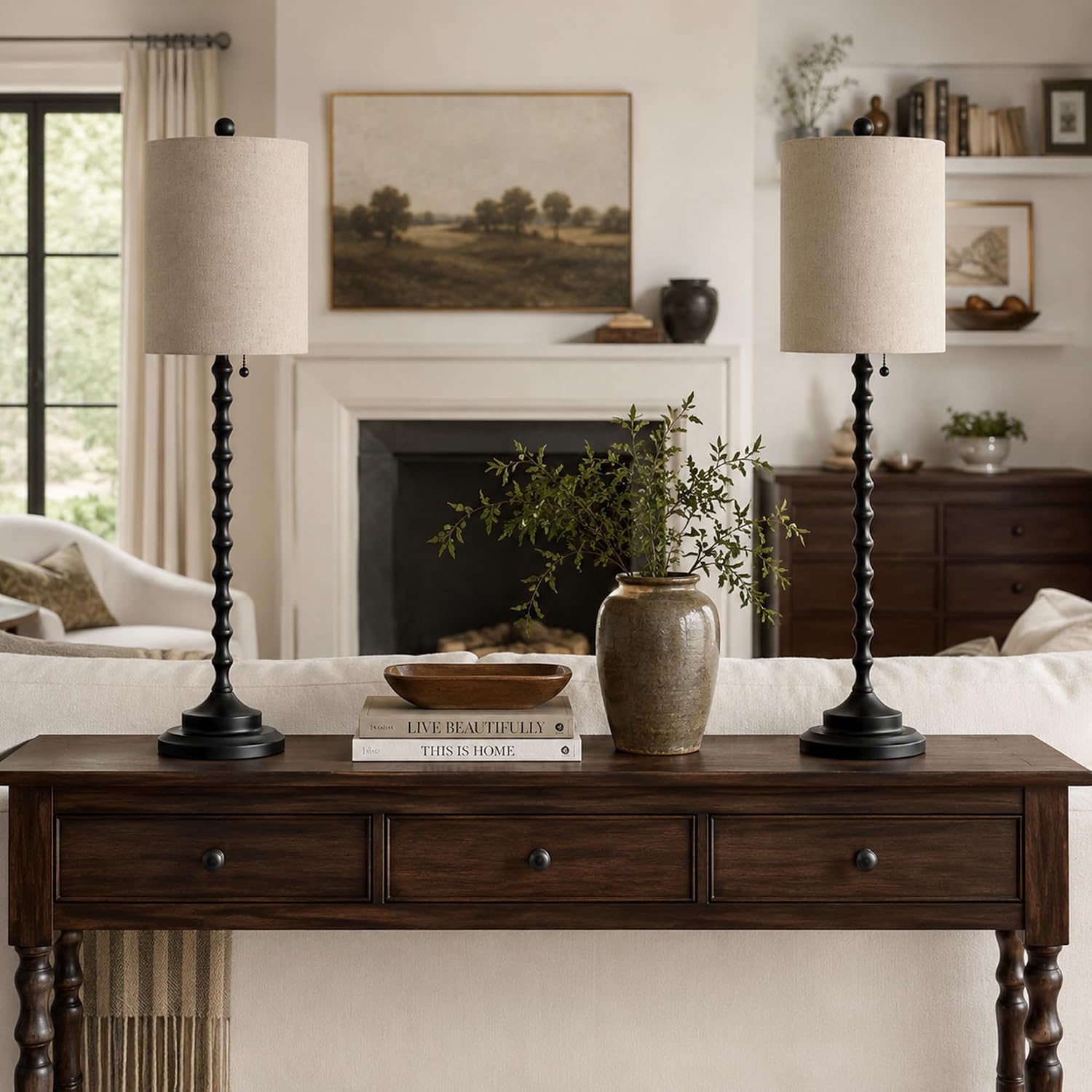 Tall Black Linen Shade Candlestick Buffet Lamps Set