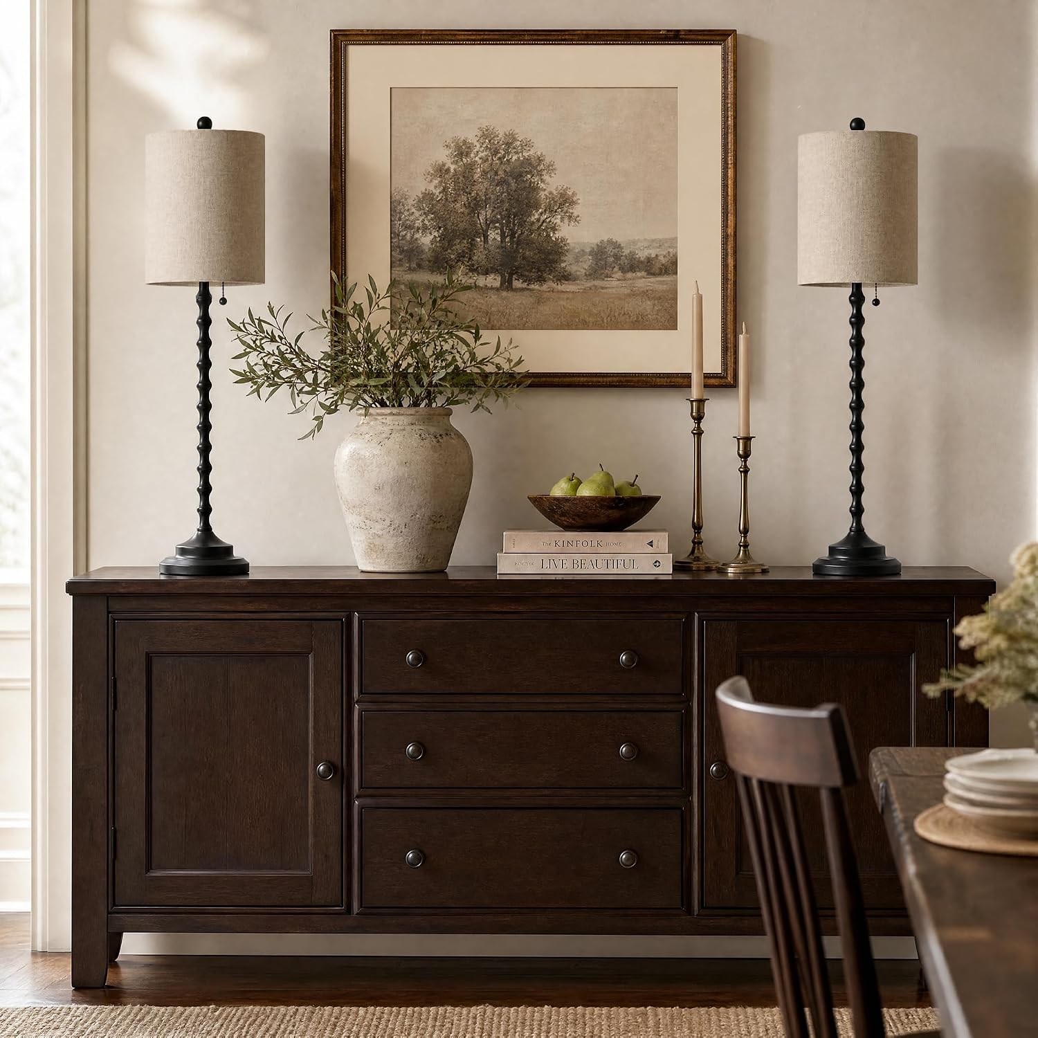 Tall Black Linen Shade Candlestick Buffet Lamps Set