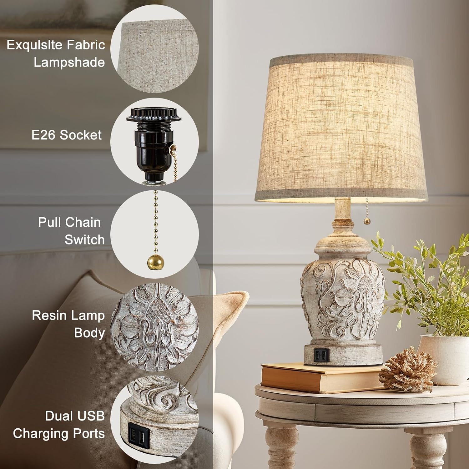 White Floral Carved USB Farmhouse Table Lamps Set