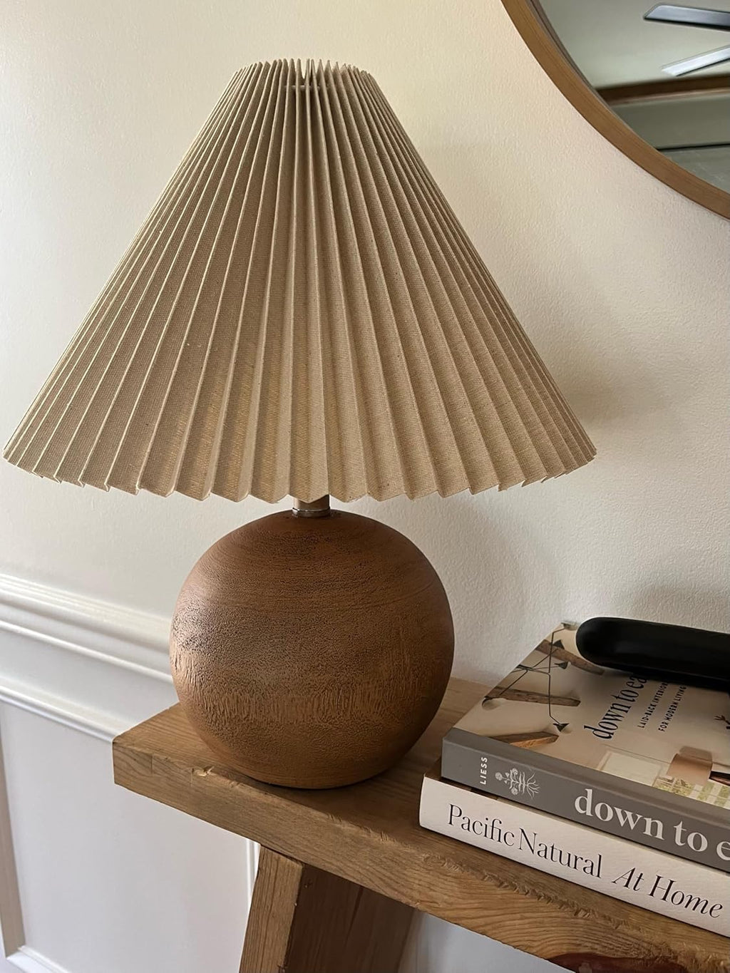 Wood Sphere Beige Linen Shade Table Lamp