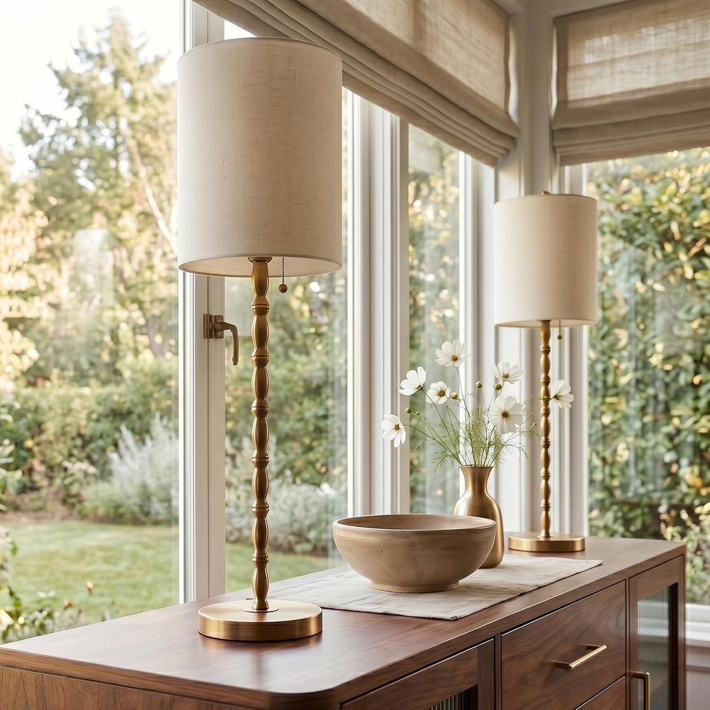 Brass Linen Shade Tall Buffet Lamps Set