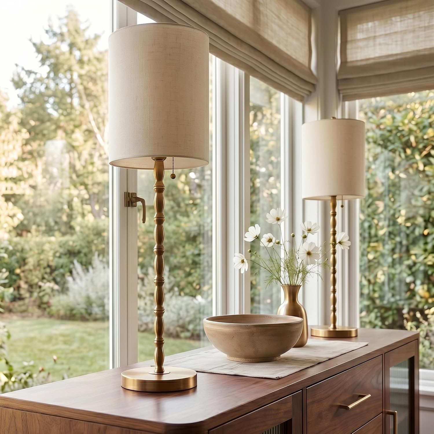 Brass Linen Shade Tall Buffet Lamps Set